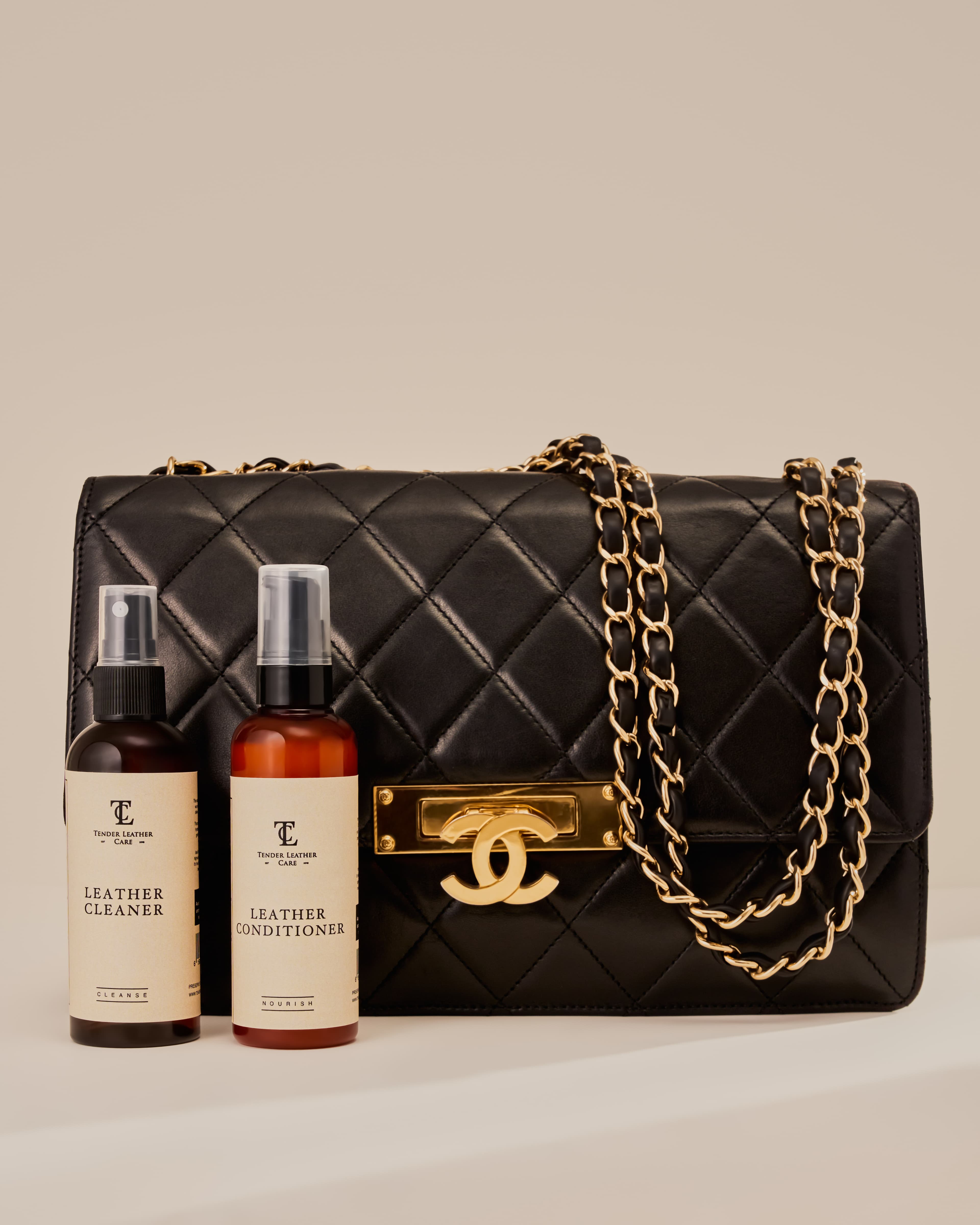 TLC Leather Cleaner and Conditioner alongside a Chanel Classic Flap