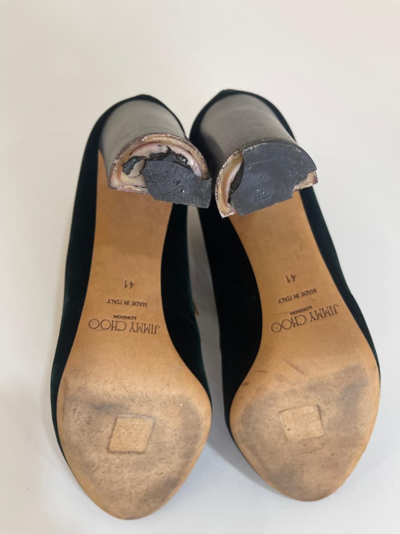 Jimmy Choo heels before and after sole and heel repair — before
